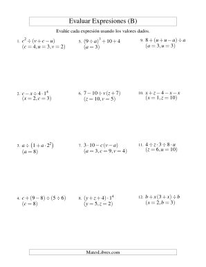 Evaluar Expresiones Algebraicas, Tres Variables, Cuatro Pasos (B) Hojas ...