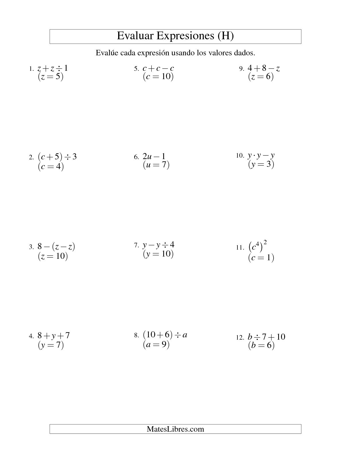 Evaluar Expresiones Algebraicas Una Variable Dos Pasos H Hoja De