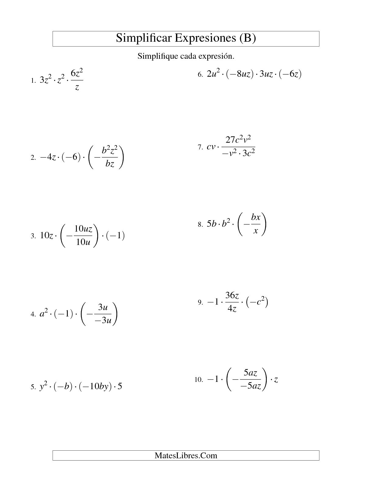 Simplificar Expresiones Algebraicas, Multiplicación Y División, Dos ...