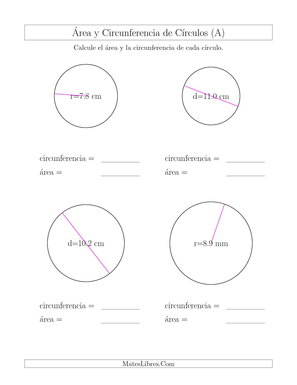 Calcular la Circunferencia y el Área de Círculos A Hoja de Ejercicio