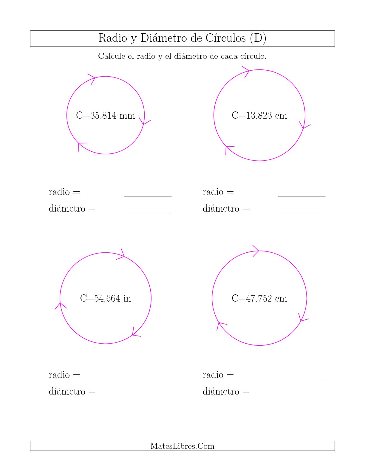 Calcular el Radio y el Diámetro de Círculos a Partir de la Circunferencia D Hojas de