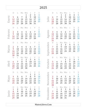 Calendario del Año 2025 (A) Hojas de Ejercicios de Tiempo