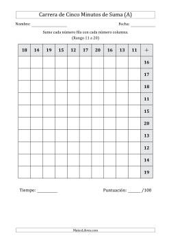 Carrera de Cinco Minutos de Suma (Rango de los Sumandos 11 a 20) (Para Zurdos)