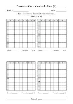 Carrera de Cinco Minutos de Suma (Rango de los Sumandos 1 a 10) (4 Tablas)