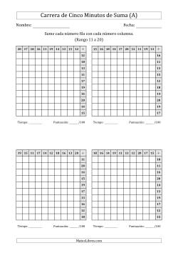 Carrera de Cinco Minutos de Suma (Rango de los Sumandos 11 a 20) (4 Tablas) (Para Zurdos)