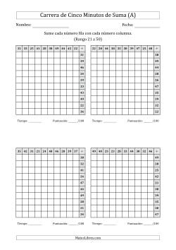 Carrera de Cinco Minutos de Suma (Rango de los Sumandos 21 a 50) (4 Tablas) (Para Zurdos)