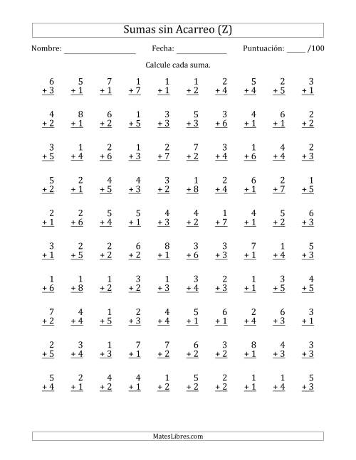 La hoja de ejercicios de 100 Preguntas de Adición de Un Solo Dígito Sin Acarreo (Z)