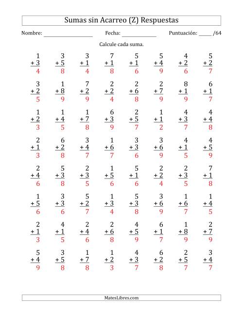 La hoja de ejercicios de 64 Preguntas de Adición de Un Solo Dígito Sin Acarreo (Z) Página 2