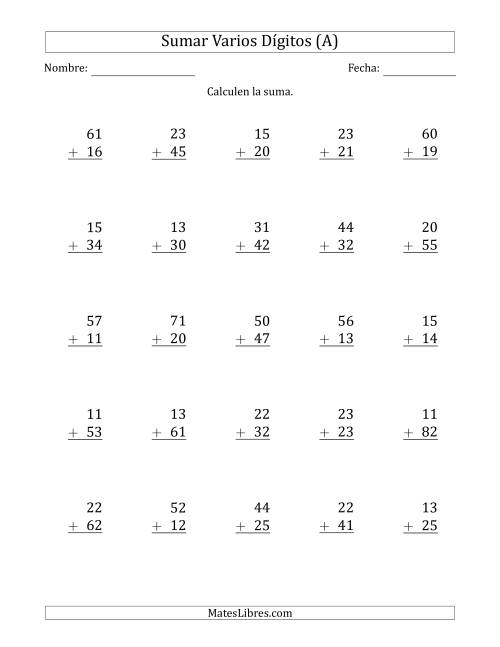 La hoja de ejercicios de Sumas de 2 Dígitos más 2 Dígitos sin Acarreo (Papel Tamaño Carta, Separador de Millar con Coma) (A)
