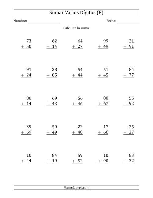 La hoja de ejercicios de Sumas de 2 Dígitos más 2 Dígitos con Acarreo en Algunas Preguntas (E)