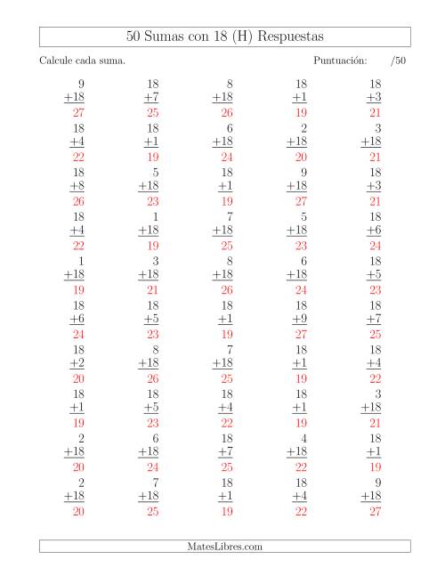 La hoja de ejercicios de 50 Sumas con 18 (H) Página 2