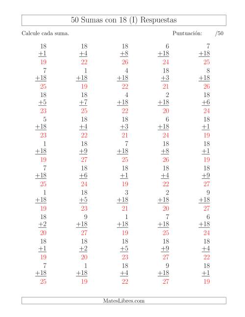 La hoja de ejercicios de 50 Sumas con 18 (I) Página 2