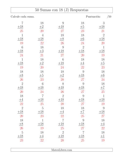 La hoja de ejercicios de 50 Sumas con 18 (J) Página 2