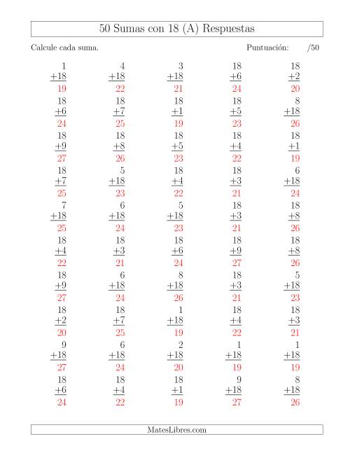 La hoja de ejercicios de 50 Sumas con 18 (Todas) Página 2