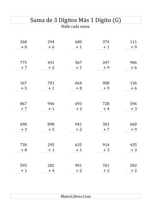 La hoja de ejercicios de Suma de Tres Dígitos más Un Dígito (G)