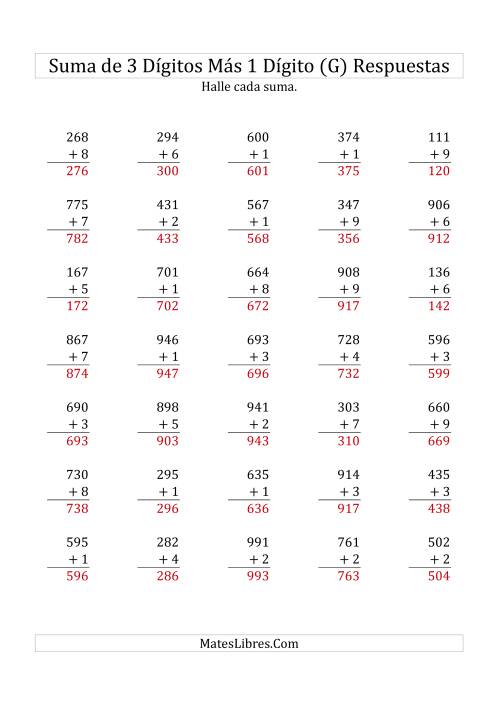 La hoja de ejercicios de Suma de Tres Dígitos más Un Dígito (G) Página 2