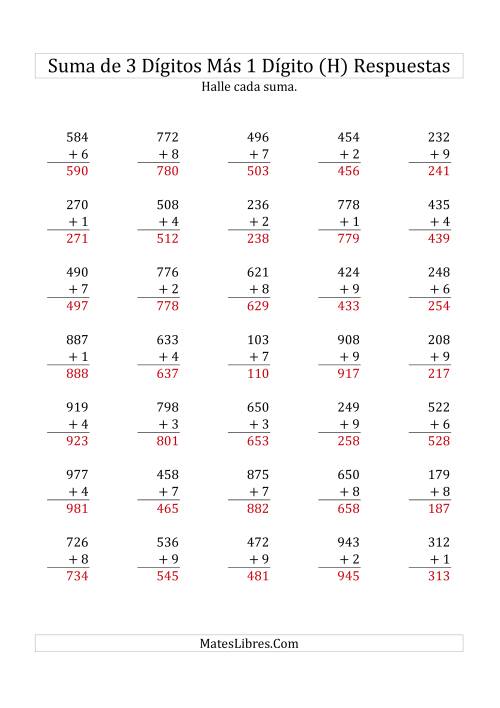 La hoja de ejercicios de Suma de Tres Dígitos más Un Dígito (H) Página 2