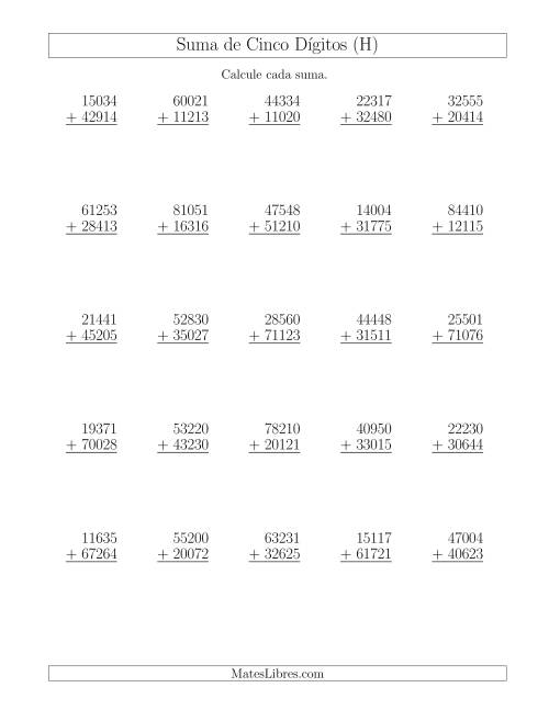 La hoja de ejercicios de Suma de Cinco Dígitos más Cinco Dígitos sin Acarreo (H)