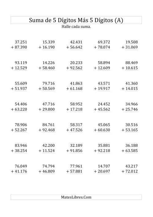 La hoja de ejercicios de Suma de Cinco Dígitos más Cinco Dígitos (A)
