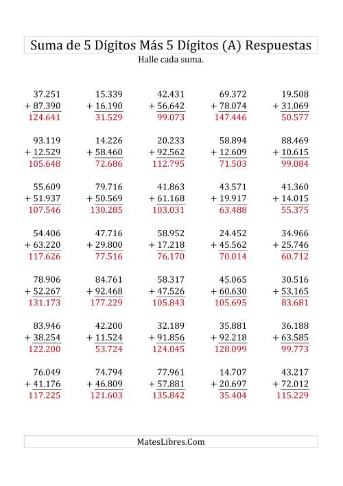 La hoja de ejercicios de Suma de Cinco Dígitos más Cinco Dígitos (A) Página 2