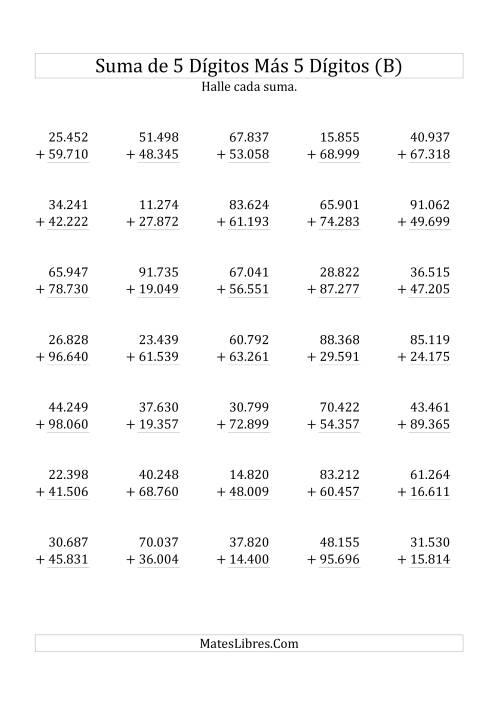 La hoja de ejercicios de Suma de Cinco Dígitos más Cinco Dígitos (B)