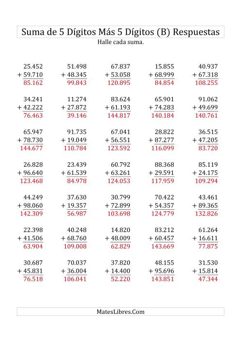 La hoja de ejercicios de Suma de Cinco Dígitos más Cinco Dígitos (B) Página 2