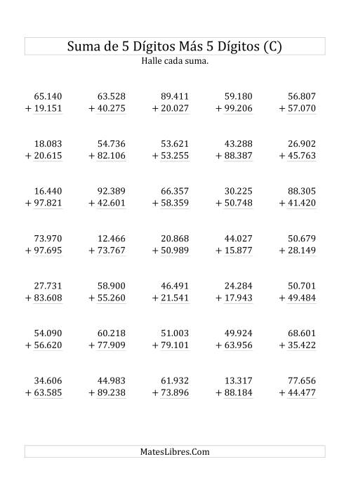 La hoja de ejercicios de Suma de Cinco Dígitos más Cinco Dígitos (C)