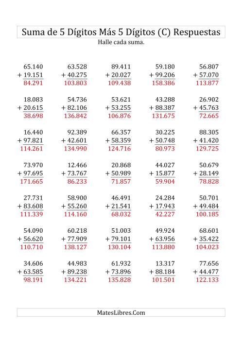 La hoja de ejercicios de Suma de Cinco Dígitos más Cinco Dígitos (C) Página 2