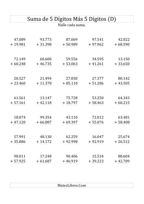 La hoja de ejercicios de Suma de Cinco Dígitos más Cinco Dígitos (D)