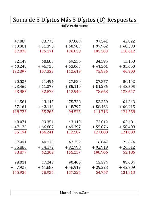 La hoja de ejercicios de Suma de Cinco Dígitos más Cinco Dígitos (D) Página 2