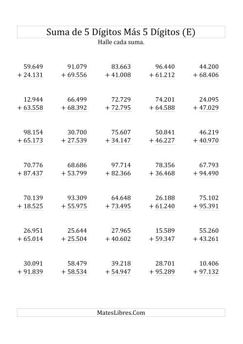 La hoja de ejercicios de Suma de Cinco Dígitos más Cinco Dígitos (E)