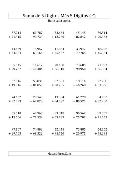 La hoja de ejercicios de Suma de Cinco Dígitos más Cinco Dígitos (F)
