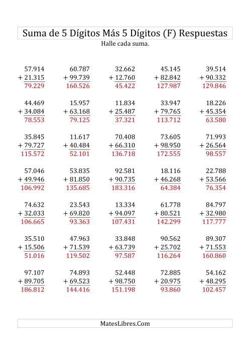 La hoja de ejercicios de Suma de Cinco Dígitos más Cinco Dígitos (F) Página 2