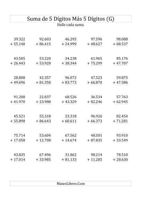 La hoja de ejercicios de Suma de Cinco Dígitos más Cinco Dígitos (G)