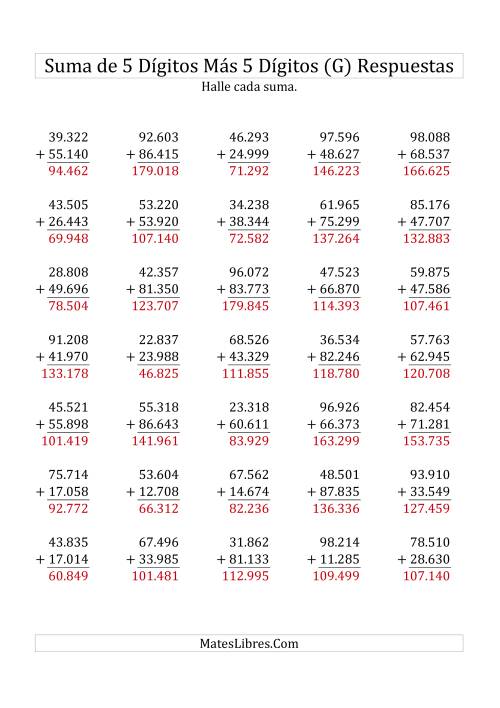 La hoja de ejercicios de Suma de Cinco Dígitos más Cinco Dígitos (G) Página 2