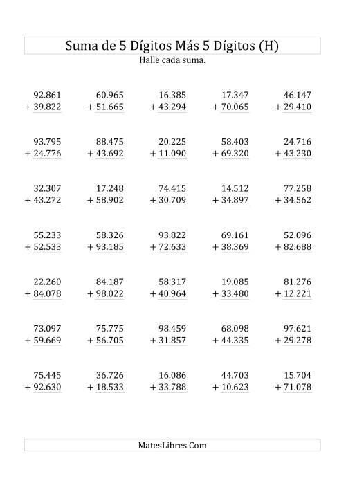 La hoja de ejercicios de Suma de Cinco Dígitos más Cinco Dígitos (H)