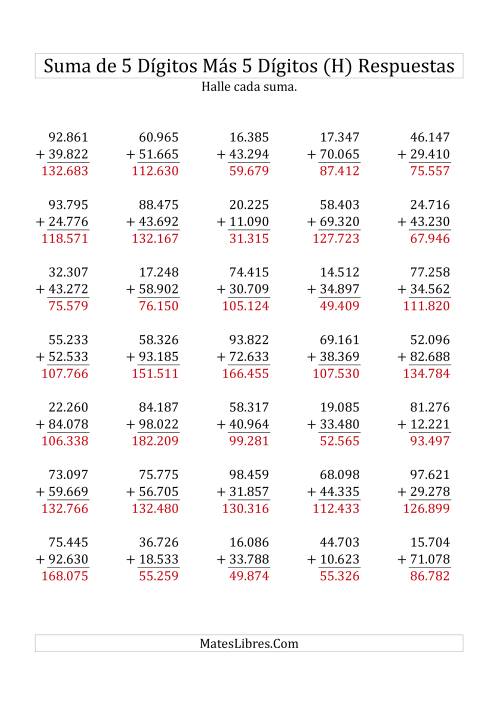 La hoja de ejercicios de Suma de Cinco Dígitos más Cinco Dígitos (H) Página 2