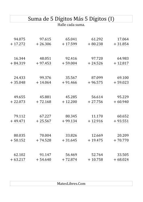 La hoja de ejercicios de Suma de Cinco Dígitos más Cinco Dígitos (I)