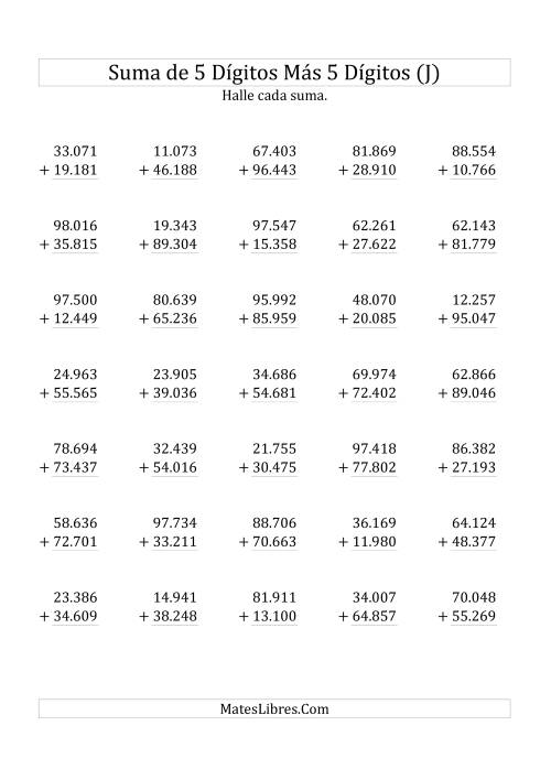 La hoja de ejercicios de Suma de Cinco Dígitos más Cinco Dígitos (J)