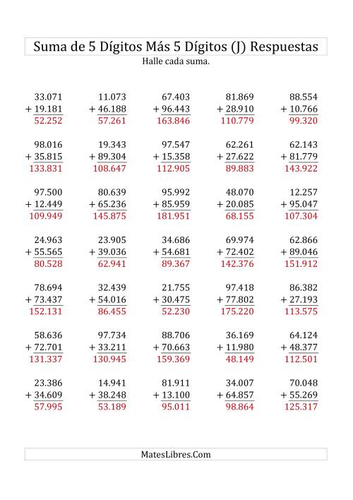 La hoja de ejercicios de Suma de Cinco Dígitos más Cinco Dígitos (J) Página 2