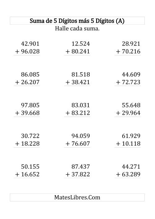 La hoja de ejercicios de Suma de Cinco Dígitos más Cinco Dígitos (Grande)