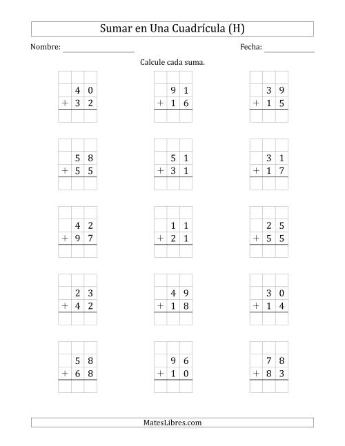 La hoja de ejercicios de Sumar Un Número de Dos Dígitos y Un Número de Dos Dígitos en Una Cuadrícula (H)