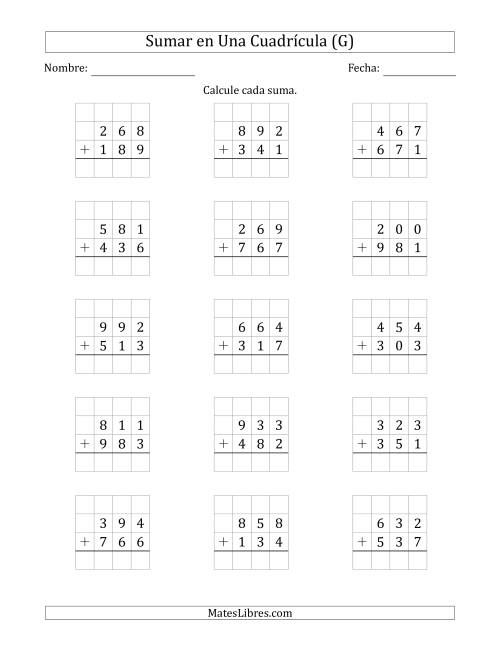 La hoja de ejercicios de Sumar Un Número de Tres Dígitos y Un Número de Tres Dígitos en Una Cuadrícula (G)