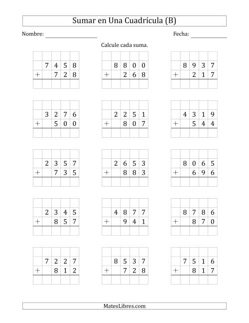 La hoja de ejercicios de Sumar Un Número de Cuatro Dígitos y Un Número de Tres Dígitos en Una Cuadrícula (B)