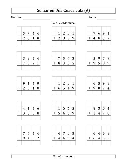 La hoja de ejercicios de Sumar Un Número de Cuatro Dígitos y Un Número de Cuatro Dígitos en Una Cuadrícula (A)