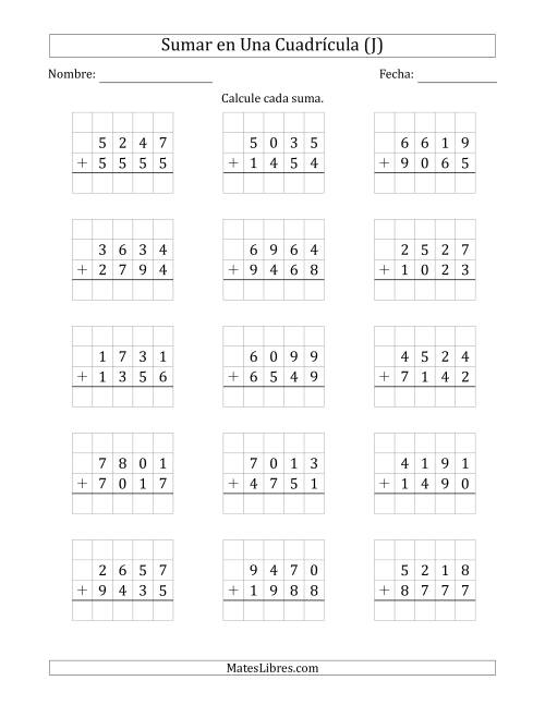 La hoja de ejercicios de Sumar Un Número de Cuatro Dígitos y Un Número de Cuatro Dígitos en Una Cuadrícula (J)