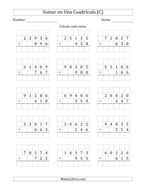 La hoja de ejercicios de Sumar Un Número de Cinco Dígitos y Un Número de Tres Dígitos en Una Cuadrícula (C)