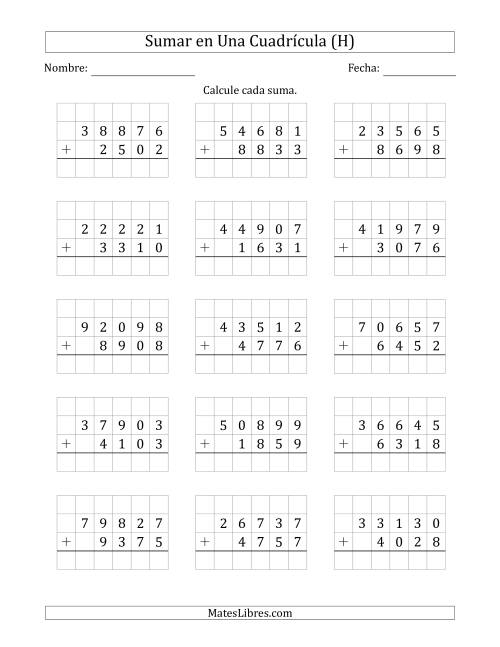 La hoja de ejercicios de Sumar Un Número de Cinco Dígitos y Un Número de Cuatro Dígitos en Una Cuadrícula (H)