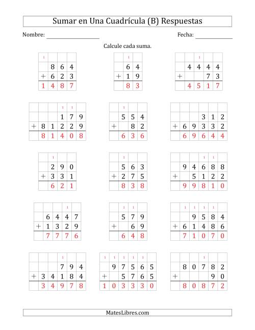 La hoja de ejercicios de Sumar Dos Números de Varios Dígitos en Una Cuadrícula (B) Página 2