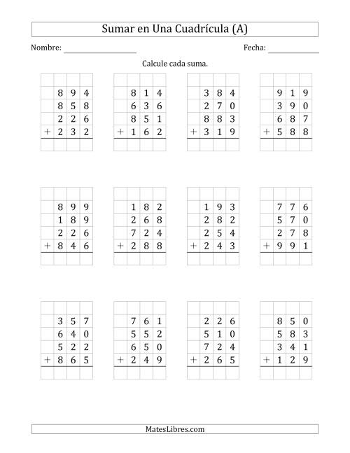 La hoja de ejercicios de Sumar Cuatro Números de Tres Dígitos en Una Cuadrícula (A)